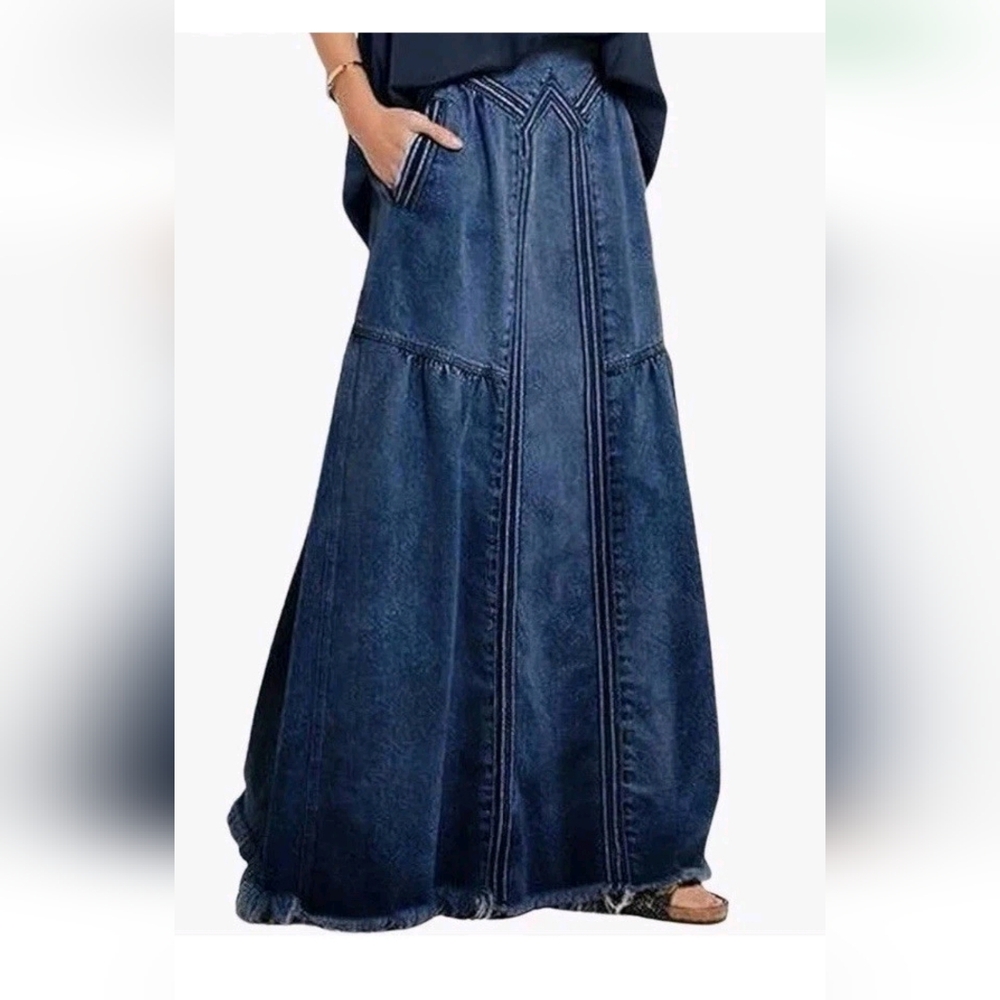 NWT Chartou Denim A Line Maxi Skirt S Festival Bohemian Western Festival drs20